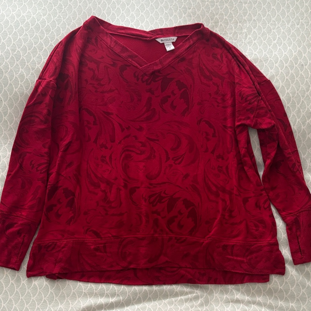 Athleta Coaster Luxe V-Neck Sweatshirt Agate Red Paisley 1X EUC